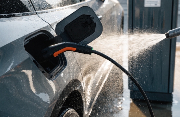 Cautionary scene showing EV being washed with charger still plugged in