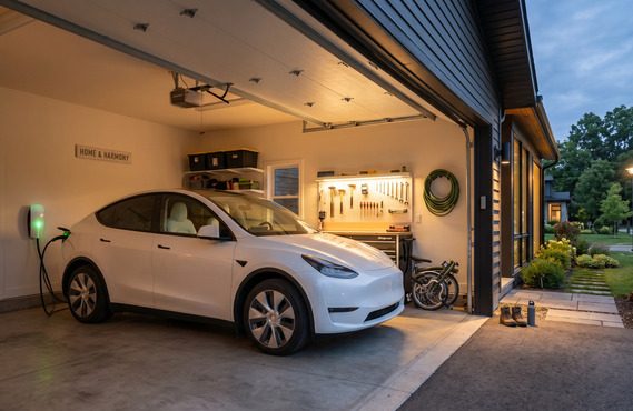 Modern EV safely charging at home overnight with cable plugged in