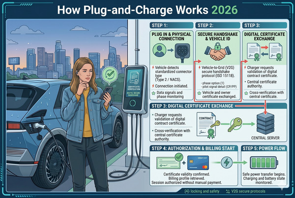 Clear technical diagram explaining the Plug-and-Charge communication process between EV and charger