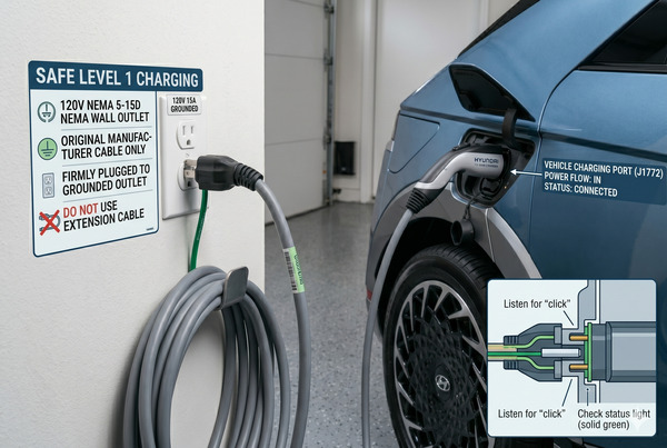 Safe and correct Level 1 EV charging setup using the original cable on a regular household outlet