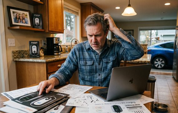Confused homeowner looking at EV charger options on laptop or phone