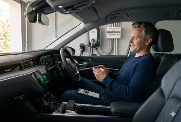 Driver relaxing inside EV cabin during charging