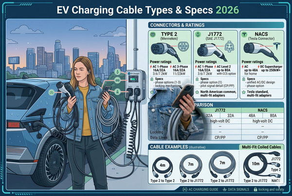 Clear diagram explaining EV charging cable types, connectors, power ratings, and lengths