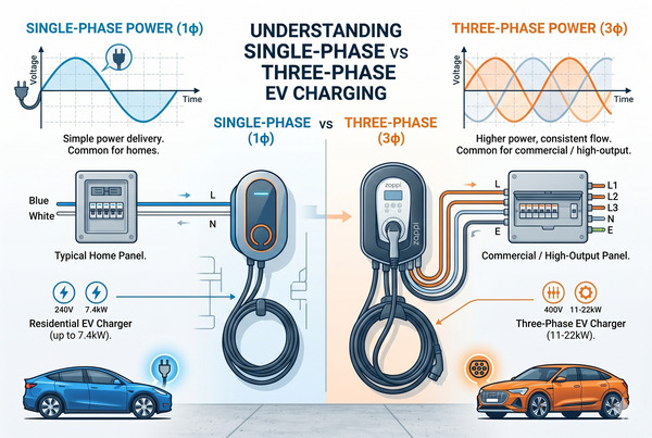 Simple educational diagram comparing single-phase and three-phase power for EV charging