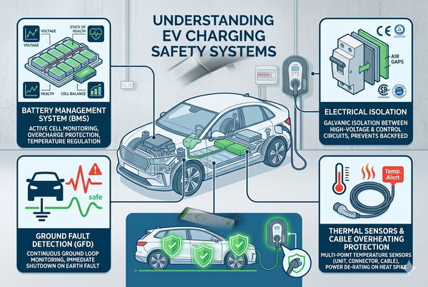Infographic showing EV charging safety systems and technologies