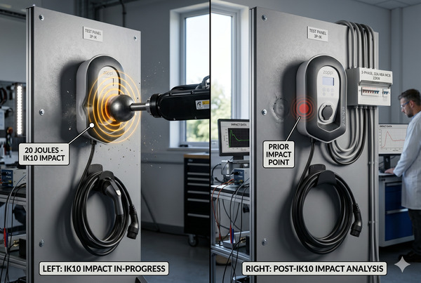 EV charger undergoing mechanical impact test showing IK rating durability
