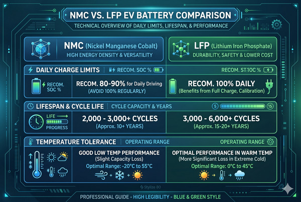 Side-by-side comparison of NMC and LFP battery charging recommendations