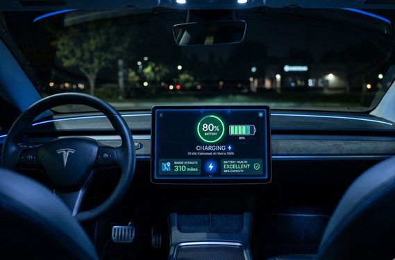 Modern EV dashboard showing smart charging to 80% with battery health tips
