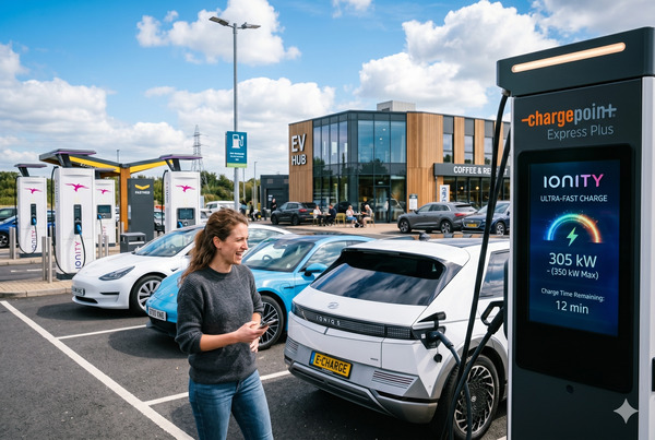Modern ultra-fast EV charging station in action with high-power delivery