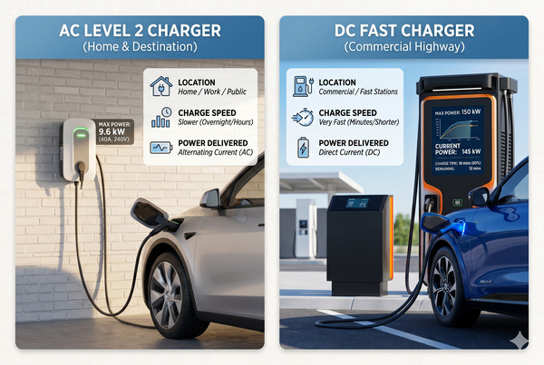 Clear side-by-side comparison of AC Level 2 and DC fast EV chargers