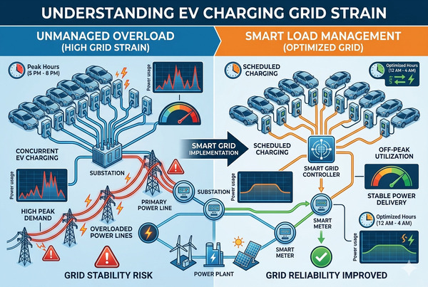Visual representation of grid pressure and overload risks from EV charging