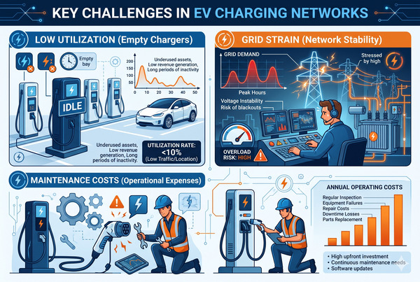 Modern EV charging network operations center with multiple stations and data monitoring