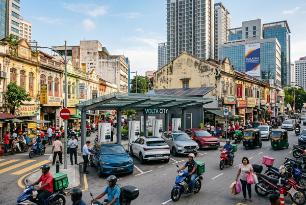 Modern EV charging station in a bustling emerging market city in 2026