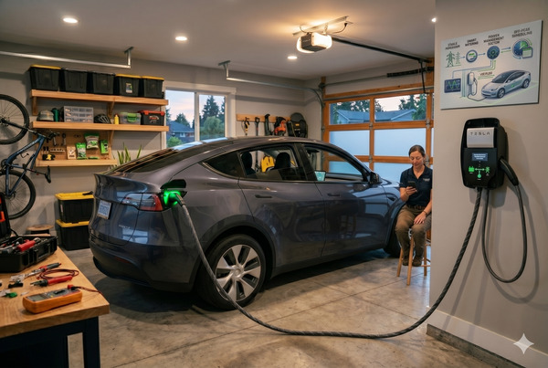 Modern EV safely connected to a bidirectional V2G charger at home