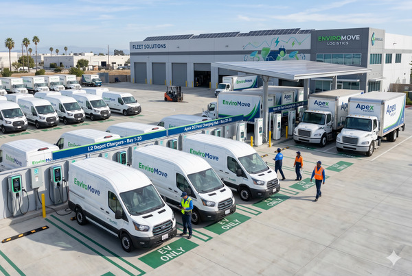 Modern electric fleet charging at a well-organized depot in 2026
