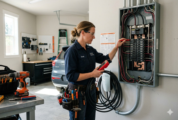 Professional electrician checking home electrical panel for EV charger installation