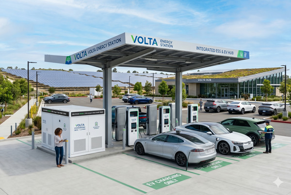 Modern energy storage system seamlessly integrated with EV chargers at a commercial site