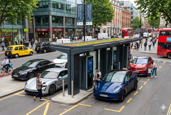 Ultra-fast EV charger in a busy urban setting with cars charging quickly