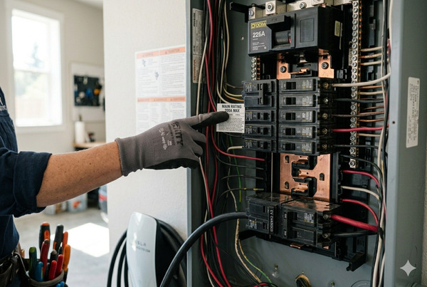 Detailed view of home electrical panel during EV charger capacity assessment