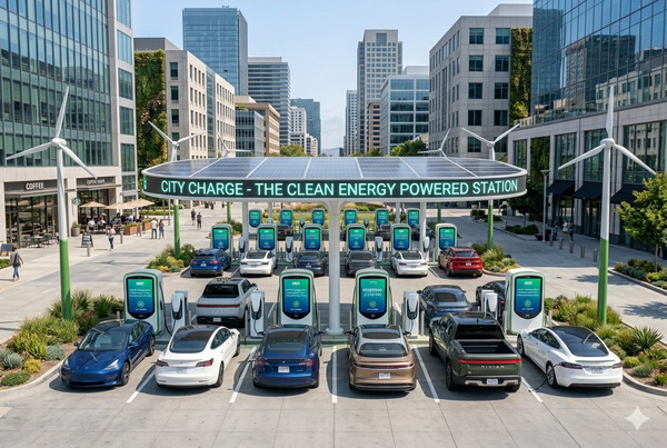 Futuristic yet realistic view of advanced EV charging station in 2026