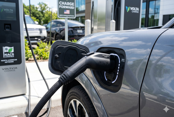 Modern NACS connector in use on an EV charging station in 2026