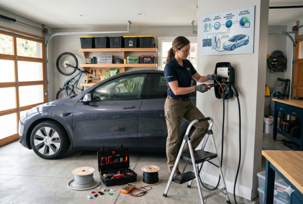 Certified electrician professionally installing a Level 2 home EV wall charger