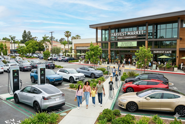 Modern retail store parking lot with convenient EV charging stations attracting customers