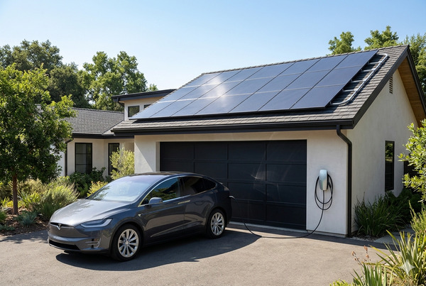 Modern solar panels powering an EV charger in a residential setting