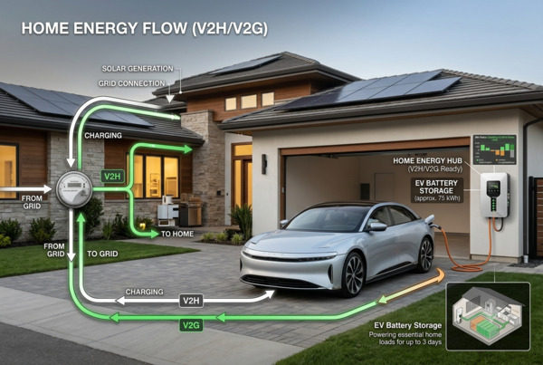 EV connected to home and grid with clear bidirectional power flow arrows