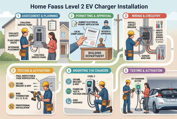 Professional step-by-step illustration of home EV charger installation process