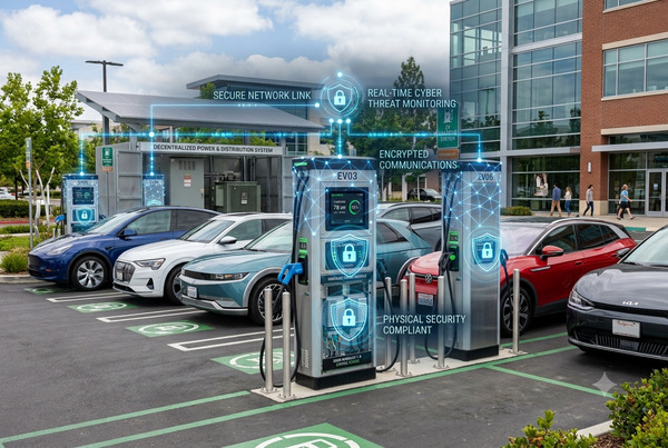 Secure smart EV charger connected to network with cybersecurity shield and protection elements