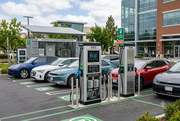 Modern EV charging site showing decentralized architecture with local control units at each charger