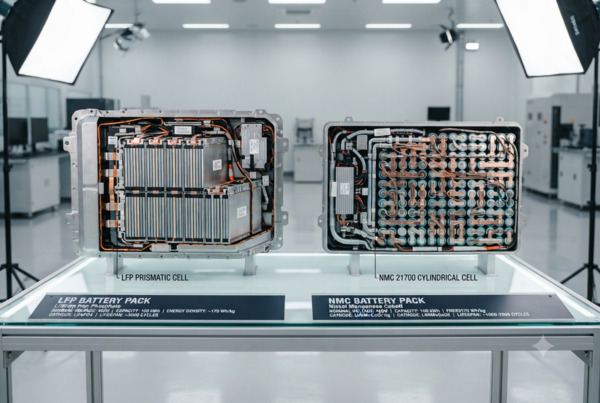 Different EV battery packs showing LFP and NMC chemistries side by side