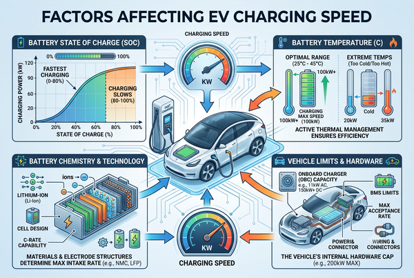 Clear diagram showing key factors that influence EV charging speed