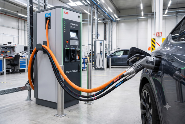 Professional view of liquid-cooled cables on a high-power DC EV charger