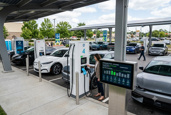 Modern commercial EV charging site with multiple chargers and energy management system dashboard
