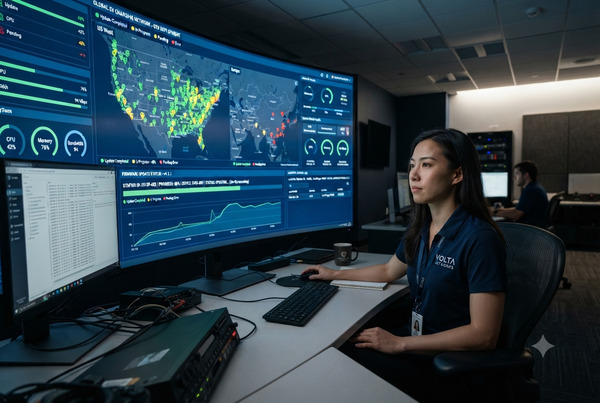 Technician monitoring remote OTA update dashboard for EV charging network