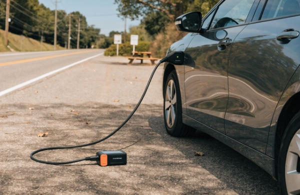 Portable EV charger connected to a vehicle during a road trip stop