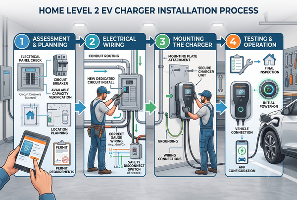 Clear step-by-step visual guide showing home Level 2 EV charger installation