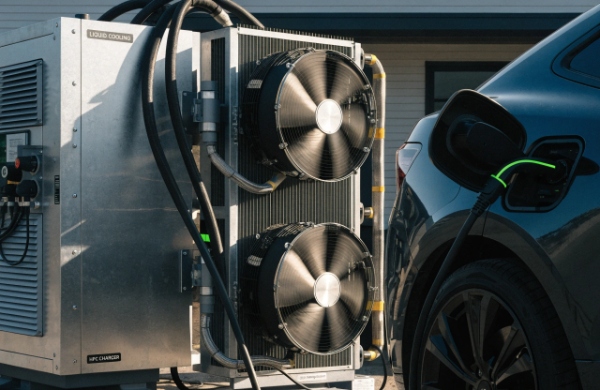 High-power EV charging station with advanced liquid cooling system in active operation