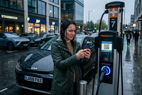 Frustrated EV driver struggling with phone and app at a public charging station in rain