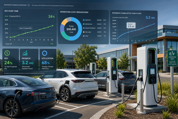 Commercial EV charging site with ROI analysis charts and cost breakdown