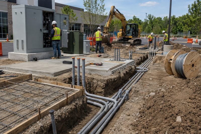 Commercial EV charging station under construction with electrical and site work visible