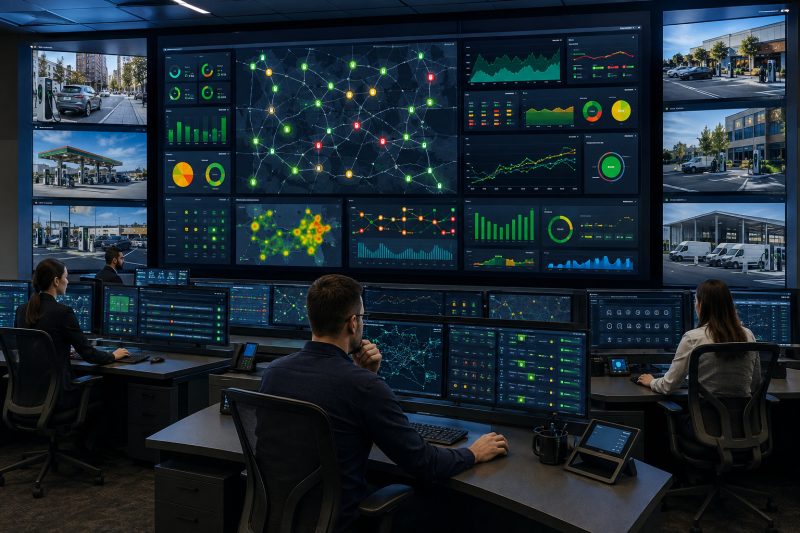 EV charging network operations dashboard monitoring utilization, session success, uptime, power delivery, energy costs, faults, and predictive maintenance.