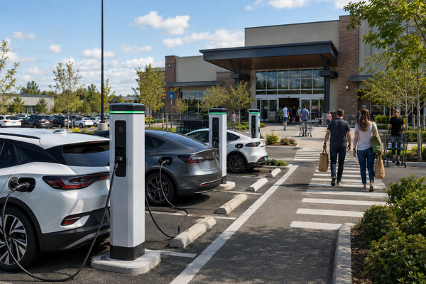 Retail parking lot with EV chargers and customers shopping nearby