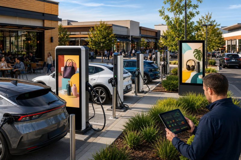 Commercial EV charging station using digital advertising, sponsorships, charging fees, and increased onsite spending to create diversified revenue.