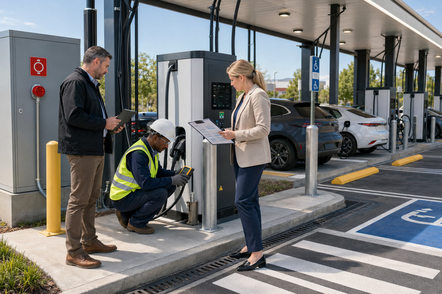 Public EV charging station with safety barriers, cable management, inspection procedures, cybersecurity monitoring, and insurance documentation for liability control.