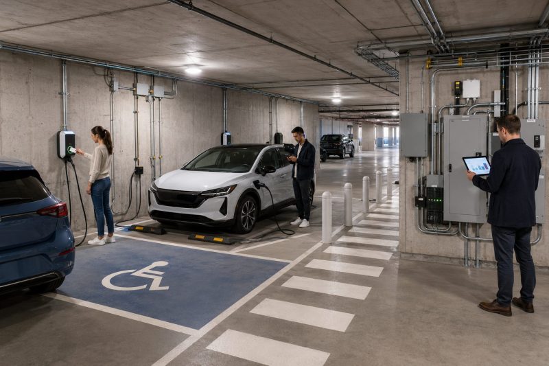 Apartment parking garage with shared Level 2 EV chargers, smart load management, resident access control, and EV-ready infrastructure for future expansion.