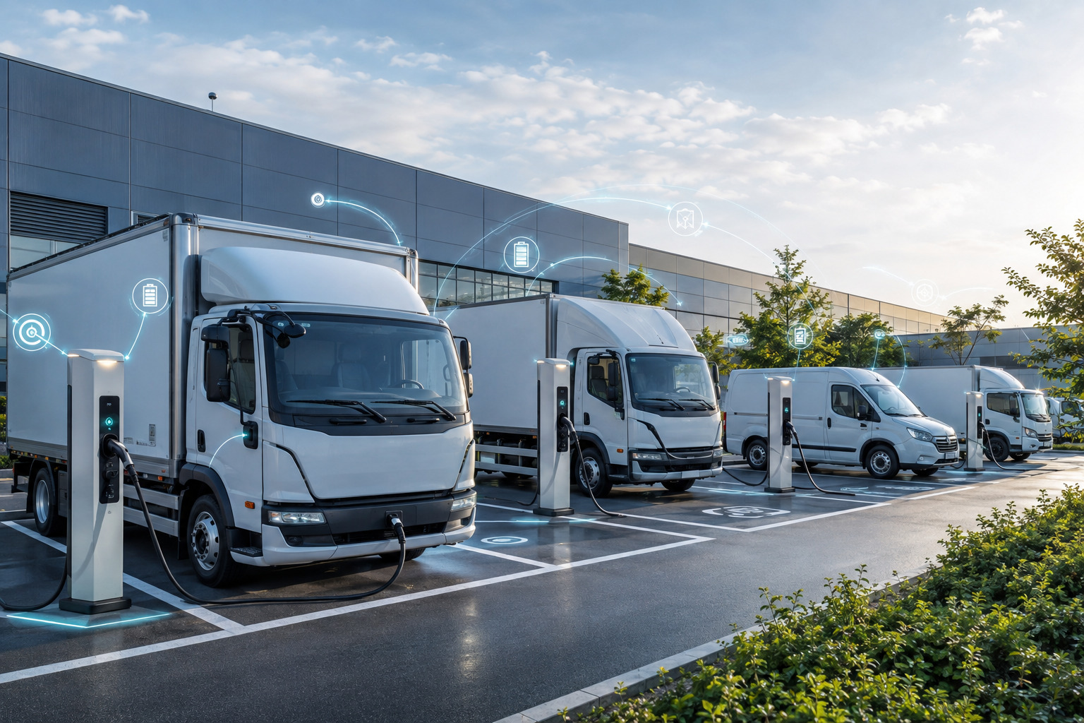 Fleet depot with EV trucks connected to smart charging system