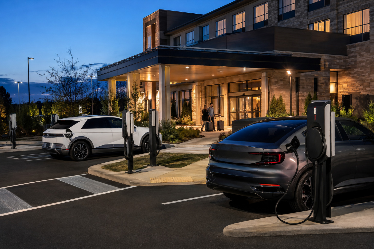 Modern hotel parking area with reliable Level 2 EV chargers, illustrating how overnight charging improves guest satisfaction, bookings, loyalty, and hotel revenue.